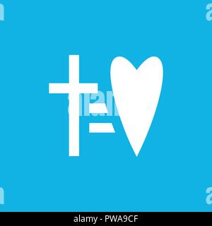 Kreuz gleich zu Herzen Vektor icon. Lakonisch religiöses Symbol logo Vorlage. Glaube und Liebe dem Schriftzug. Lineare Stil unterzeichnen. Weißen flachen abstrakte Symbol. Isolierte Vector Illustration auf blauem Hintergrund. Stock Vektor