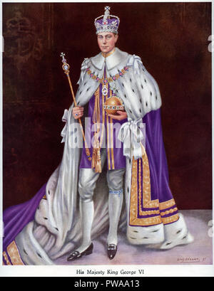 Eine Krönung Porträt von König George das 6. Am 12. Mai 1937 Übersicht der König trug seine Krönung Roben der Krone und der Reichsapfel und Zepter in einer Krönung Souvenir Buch von der Daily Express vom 1937 veröffentlicht und von Louis Dezart lackiert veröffentlicht. Stockfoto