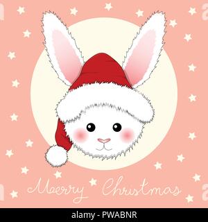 White Rabbit Santa Claus auf Rosa Grußkarte. Vector Illustration. Stock Vektor