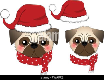 Pug Santa Claus Hund mit roten Schal. auf weißem Hintergrund. Vector Illustration. Stock Vektor