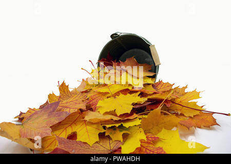 Herbstlich gefärbte Blätter liegen vor einer kleinen Schaufel Stockfoto