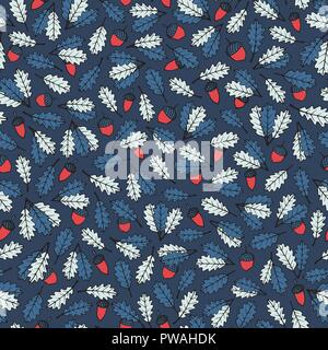 Bunte Vektor handgezeichnete Muster mit Herbst eiche Blätter und Eicheln auf dem blauen Hintergrund. Herbst Ornament mit Laub. Stock Vektor