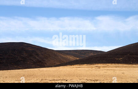 Kalifornien geröstete Dürre braune Felder mit Feuer verbrannte Hügel im Hintergrund. Blauen bewölkten Himmel. Stockfoto