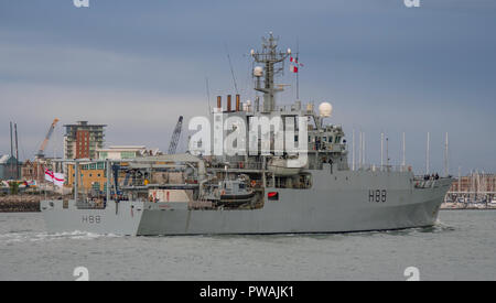 Die britische Royal Navy Umfrage Schiff HMS Enterprise kommt in Portsmouth, Großbritannien am 13/10/18 und fährt auf 15/10/18 für Übung Trident Zeitpunkt 2018. Stockfoto