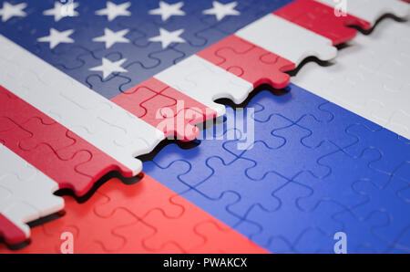 Flagge der Vereinigten Staaten und Russland in der Form der Puzzleteile. Stockfoto