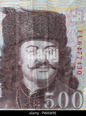 Porträt von Franz II. rakoczi von 500 Forint Geldschein, Ungarn, 2010 Stockfoto