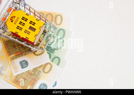 Guter Kauf das Haus, günstigen Kauf wirtschaft Miniatur von Haus in mini Warenkorb auf mehreren Euro Rechnungen. Stockfoto