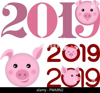 Frohes Neues Jahr 2019 Banner mit Schweinefleisch Köpfe Stock Vektor