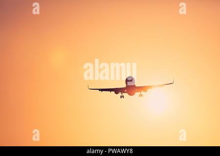 Low Angle View Flugzeug Landung gegen Golden Sky bei Sonnenuntergang. Stockfoto