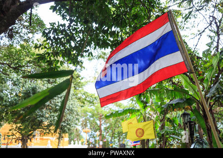 Thai Tricolor Thailands Nation Flagge (5 horizontale Streifen in den Farben Rot, Weiß und Blau in der Mitte) und thailändischen buddhistischen gelbe Flagge im Hintergrund. Rot ist f Stockfoto