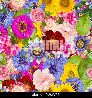 Nahtlose Muster mit unterschiedlichen Frühling Blumen. Hintergrund mit Sonnenblumen, Hibiskus, Rosa, Calendula, Passiflora, Kornblumen und anderen hellen p Stockfoto