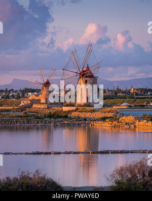 Sonnenuntergang in den Naturpark der "aline dello Stagnone', in der Nähe von Marsala und Trapani, Sizilien. Stockfoto