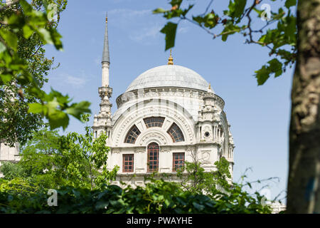 Dolmabahçe Moschee von Bäumen an einem sonnigen Frühlingstag, Istanbul, Türkei Stockfoto