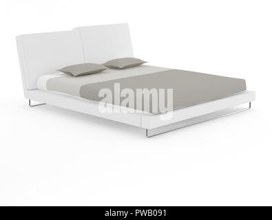 Komfortables Doppelbett mit Matratze und Kissen auf weißem Hintergrund. 3D-Rendering. Stockfoto