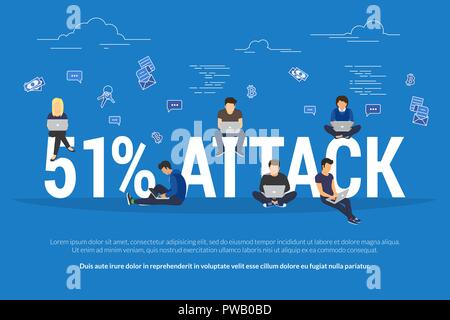 51 Prozent Angriff Konzept flachbild Vector Illustration des Diebstahls blockchain cryptocurrency oder andere Währung. Gruppe von Bergarbeitern sitzen auf Buchstaben d Stock Vektor