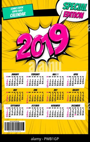 2019 retro super hero Kalender pop art Stock Vektor