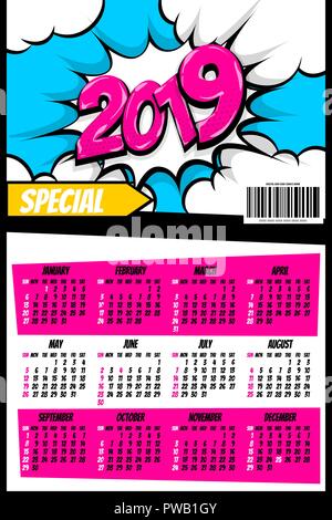 2019 retro super hero Kalender pop art Stock Vektor