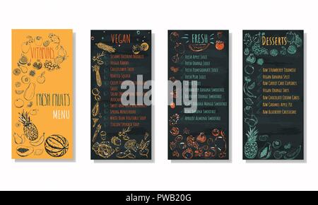 Veganes Menü flayers mit Hand gezeichnet Obst und Gemüse Sammlung auf blackboard Hintergrund. Einfache Lösung für Raw vegan Cafe. Stock Vektor