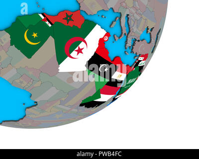 Arabische Liga mit nationalen Flaggen auf Blau politische 3D-Globus. 3D-Darstellung. Stockfoto