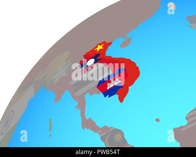 Indochina mit eingebetteten nationale Flaggen auf der ganzen Welt. 3D-Darstellung. Stockfoto