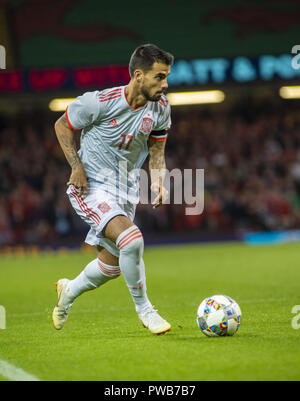 Cardiff, Großbritannien. 11 Okt, 2018. Suso (Spanien) in Aktion während der Wales v Spanien Freundschaftsspiel am 'National Stadium. Endstand Wales 1-4 Spanien Kredit gesehen: Gary Mitchell/SOPA Images/ZUMA Draht/Alamy leben Nachrichten Stockfoto