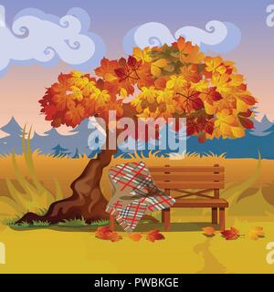 Eine Holzbank mit einer karierten Decke unter den Herbst Baum. Vektor cartoon Close-up Abbildung. Stock Vektor