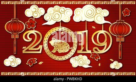 Happy Chinese New Year 2019 Sternzeichen mit gold Papier Kunst und Handwerk Stil auf farbigem Hintergrund Stock Vektor