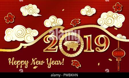 Happy Chinese New Year 2019 Sternzeichen mit gold Papier Kunst und Handwerk Stil auf farbigem Hintergrund Stock Vektor