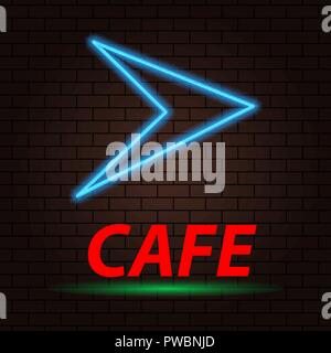 Neon Pfeil und der Aufschrift Cafe auf einen Ziegelstein Hintergrund. Vector Illustration. Stock Vektor