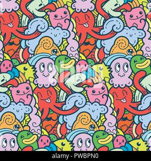 Lustige doodle Monster nahtlose Muster für Drucke, Designs und Malbücher. Vector Illustration Stock Vektor