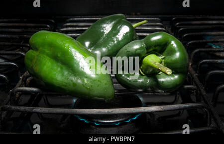 Verfahren zur PASILLA CHILIES schälen, um Chiles rellenos oder Rajas (ein mexikanisches Gericht vorzubereiten) Stockfoto