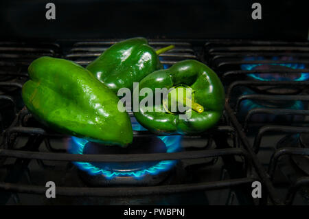 Verfahren zur PASILLA CHILIES schälen, um Chiles rellenos oder Rajas (ein mexikanisches Gericht vorzubereiten) Stockfoto