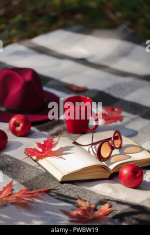 Herbst warme Tage. Indian Summer. Picknick im Garten - Decke und Kissen von Grau, Burgund und Grün Farbe auf dem Hintergrund der Blätter im Herbst. Sele Stockfoto