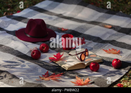 Herbst warme Tage. Indian Summer. Picknick im Garten - Decke und Kissen von Grau, Burgund und Grün Farbe auf dem Hintergrund der Blätter im Herbst. Sele Stockfoto