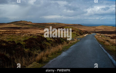 Schafe auf einem malerischen Road (A855), auf der Insel Skye, Schottland, Großbritannien Stockfoto