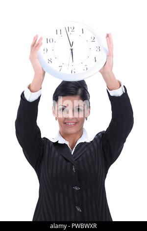 Geschäftskonzept. Business woman holding eine große Uhr. Stockfoto