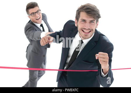 Glücklich Kaufmann laufen über Ziellinie Stockfoto