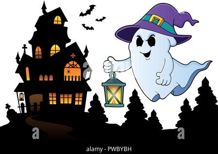 Ghost mit Hut und Laterne Thema 3-eps 10 Vector Illustration. Stock Vektor