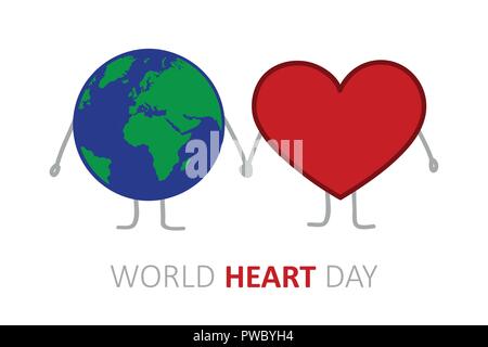 World Heart Day Erde und Herzen halten Hände cartoon Vector Illustration Stock Vektor