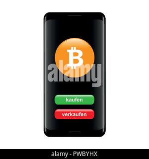 Bitcoin exchange Mobile Banking mit Tasten kaufen und verkaufen in einem Smartphone Vektor-illustration EPS 10. Stock Vektor