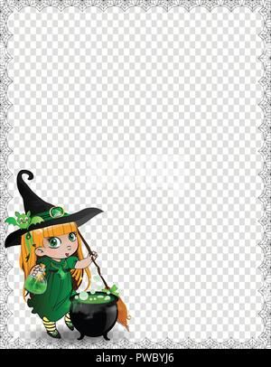 Vector Illustration von baby Hexe girll in grün Kostüm und Kessel mit Spiderweb auf transparentem Hintergrund eingerahmt. Halloween Vorlage, Grenze, Fra Stock Vektor