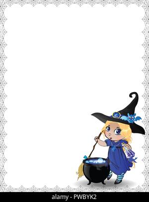 Vector Illustration von baby Hexe girll in blauen Kostüm und Kessel mit Spinne Spinnennetz auf weißem Hintergrund eingerahmt. Halloween Vorlage, Rahmen, Rahmen, Stock Vektor