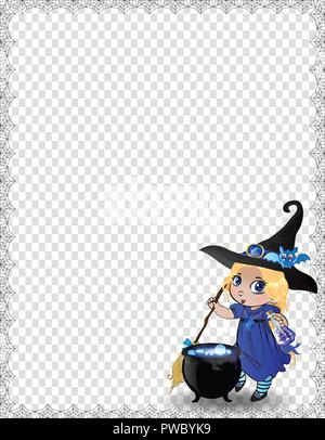 Vector Illustration von baby Hexe girll in blauen Kostüm und Kessel mit Spinnennetz auf transparentem Hintergrund eingerahmt. Halloween Vorlage, Rahmen, Rahmen, Stock Vektor