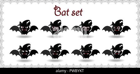 Vektor Halloween Set von Cartoon Fledermäuse mit unterschiedlichen Emotionen. Design Collection für Halloween Party Dekoration. Trick oder Konzept behandeln. Clip Art Illus Stock Vektor
