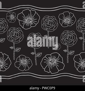 Weiße Linie Blumen auf Schwarz Background-Monochromatic Blumen seamles patternBackground wiederholen in Schwarz und Weiß Stock Vektor
