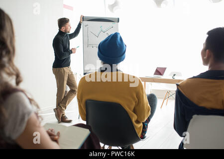 Ernsthafte zuversichtlich stattliche männliche Analytiker in schwarze Polokragen mit Whiteboard und wies auf die Grafik während die Darstellung der Daten in Ausbildung cl Stockfoto