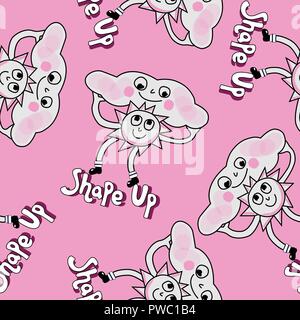 Rosa Sonne und Wolke Text Wimsical Abbildung. Nahtlose Muster wiederholen. Stock Vektor