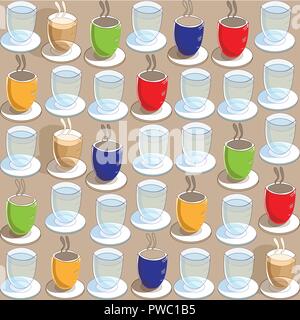 Kaffee Tassen Kaffee Tassen und Gläser Wasser nahtlose Muster wiederholen. Stock Vektor
