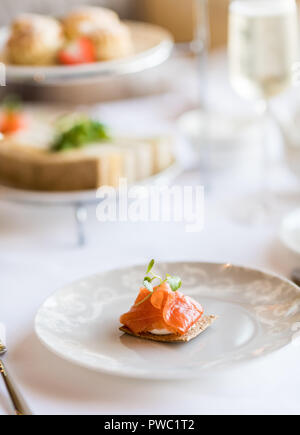 Geräucherter Lachs und Frischkäse auf einem Cracker Stockfoto