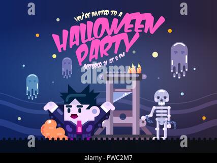 Halloween Poster mit Guillotine, Geister, Skelett und Dracula. Einladung Vorlage für die Halloween Party. Flache Darstellung. Stock Vektor